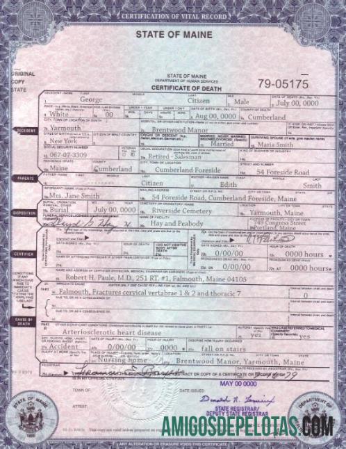 Imprimível modelo de certidão de óbito do estado do Maine nos EUA em formato PSD